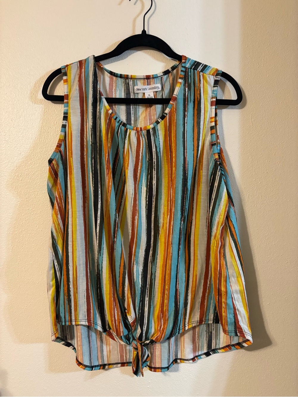 New York Laundry Striped Sleeveless Tie-Front Camisole in Blue, Yellow, Brown